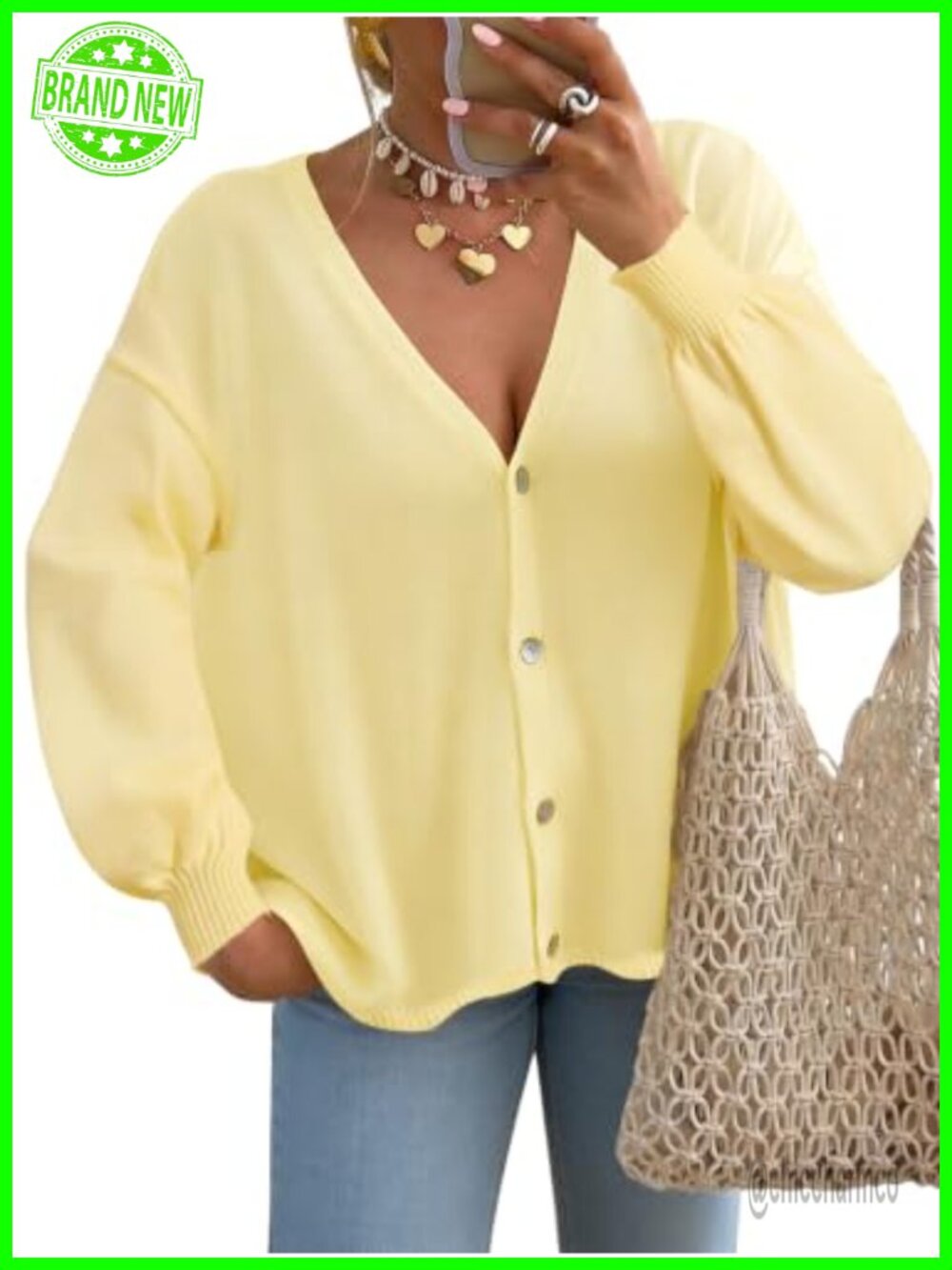 Oversized Cardigan Sweater Lantern Sleeve Button Down Knit Top